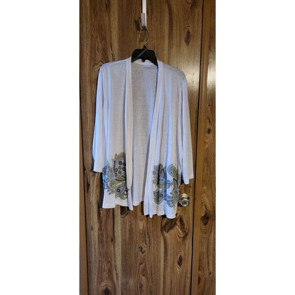 NWT Kim Rogers white open cardigan with blue/green Paisley print at bottom - Picture 1 of 6